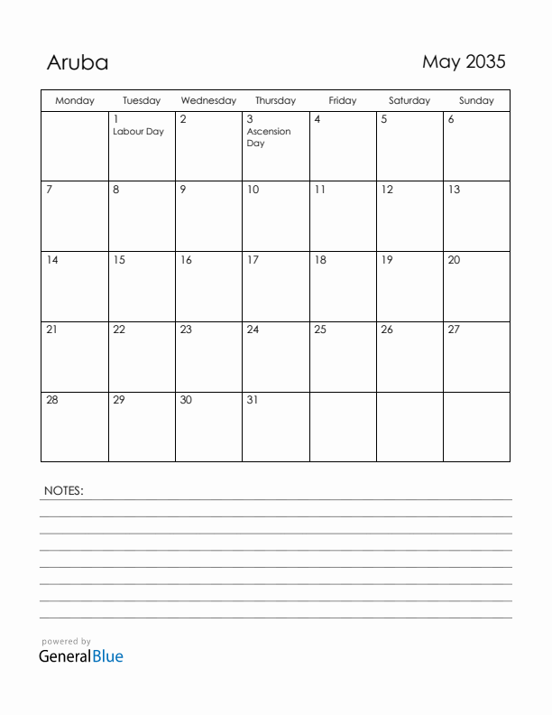 May 2035 Aruba Calendar with Holidays (Monday Start)