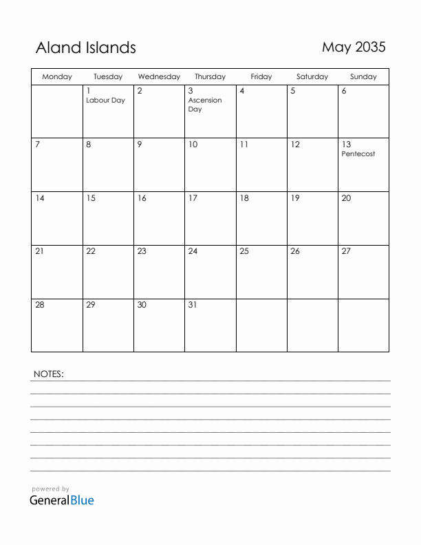May 2035 Aland Islands Calendar with Holidays (Monday Start)