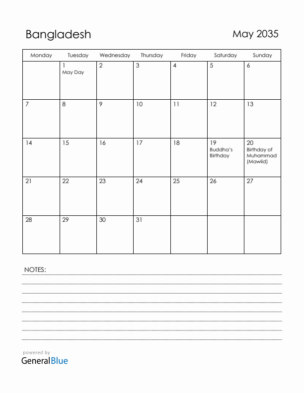 May 2035 Bangladesh Calendar with Holidays (Monday Start)