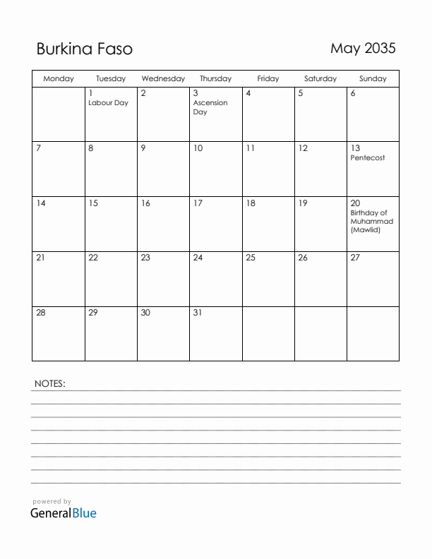 May 2035 Burkina Faso Calendar with Holidays (Monday Start)