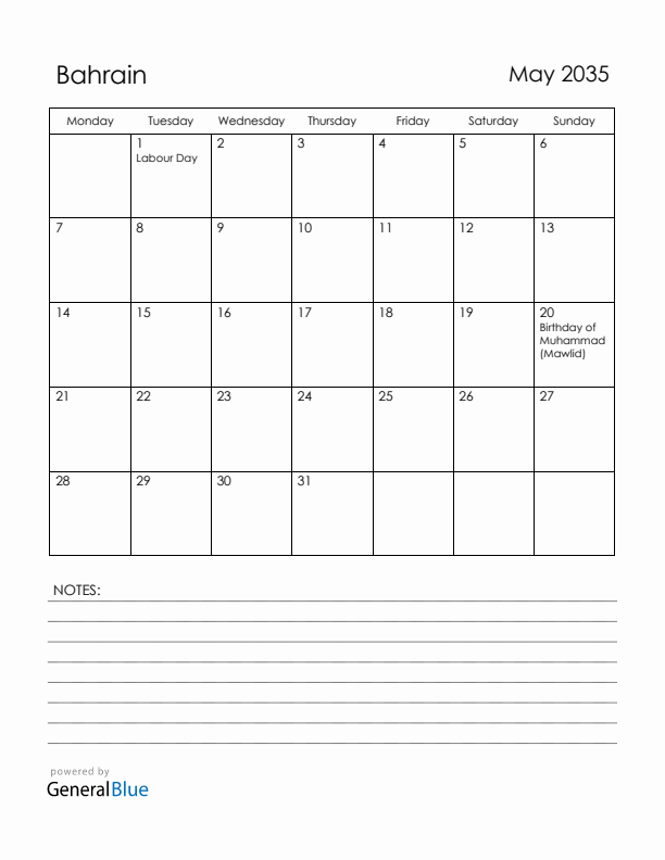 May 2035 Bahrain Calendar with Holidays (Monday Start)