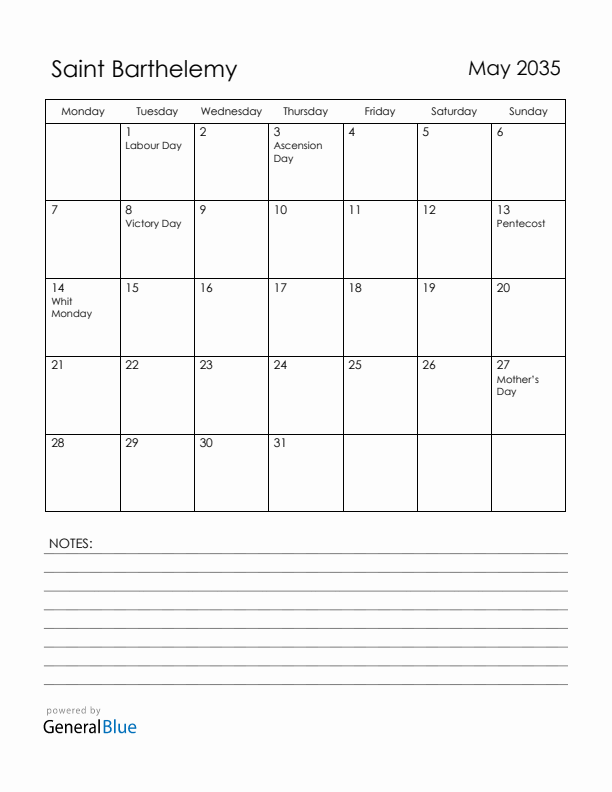 May 2035 Saint Barthelemy Calendar with Holidays (Monday Start)
