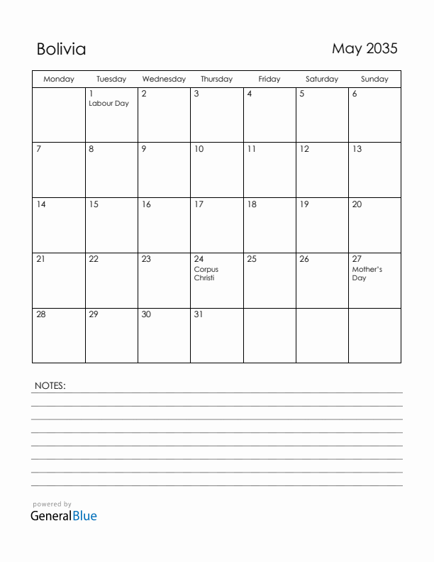 May 2035 Bolivia Calendar with Holidays (Monday Start)