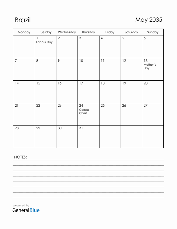 May 2035 Brazil Calendar with Holidays (Monday Start)