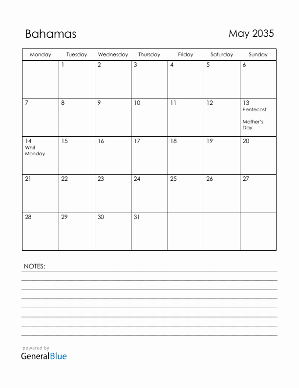 May 2035 Bahamas Calendar with Holidays (Monday Start)