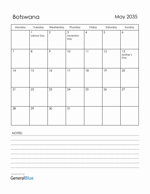 May 2035 Botswana Calendar with Holidays (Monday Start)