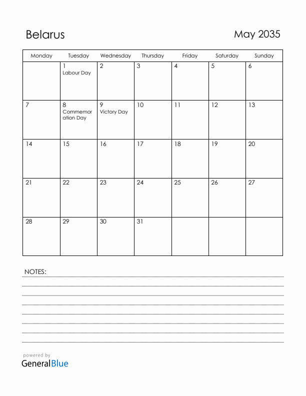 May 2035 Belarus Calendar with Holidays (Monday Start)