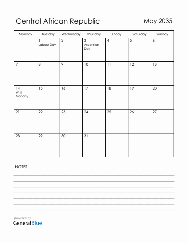 May 2035 Central African Republic Calendar with Holidays (Monday Start)