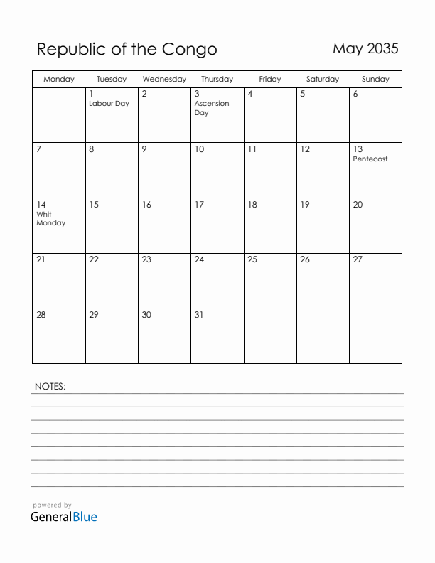May 2035 Republic of the Congo Calendar with Holidays (Monday Start)