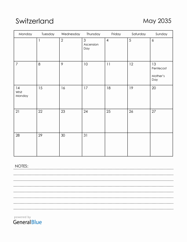 May 2035 Switzerland Calendar with Holidays (Monday Start)