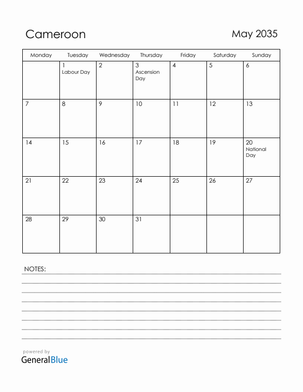 May 2035 Cameroon Calendar with Holidays (Monday Start)