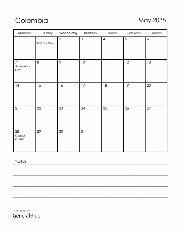 May 2035 Colombia Calendar with Holidays (Monday Start)
