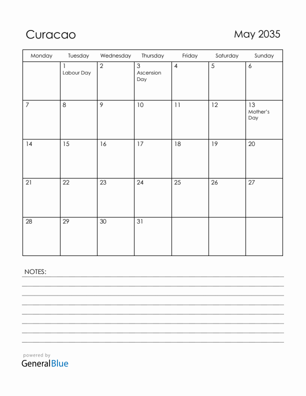 May 2035 Curacao Calendar with Holidays (Monday Start)