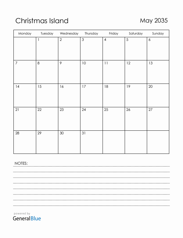 May 2035 Christmas Island Calendar with Holidays (Monday Start)