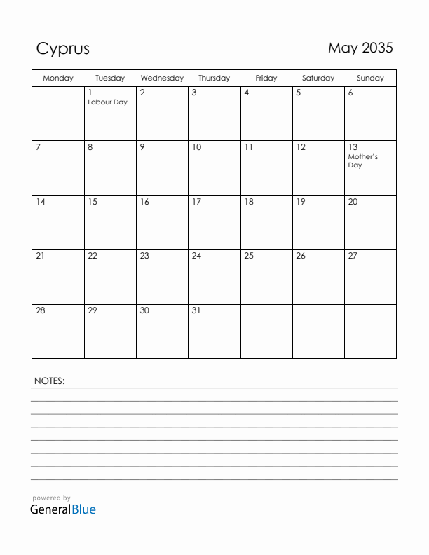 May 2035 Cyprus Calendar with Holidays (Monday Start)