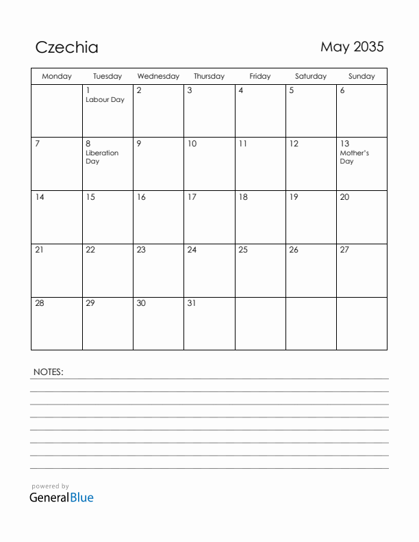 May 2035 Czechia Calendar with Holidays (Monday Start)