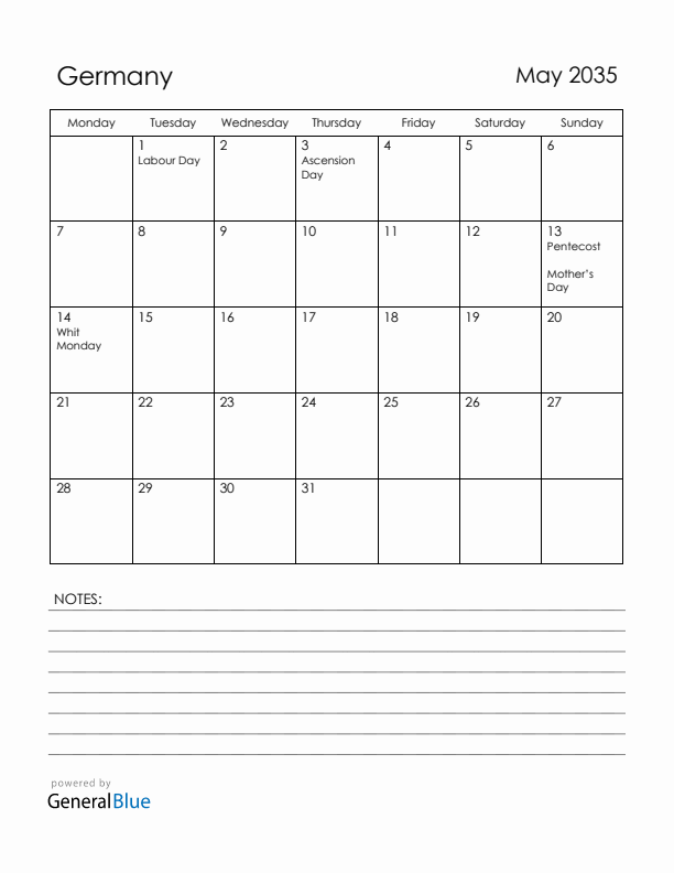 May 2035 Germany Calendar with Holidays (Monday Start)