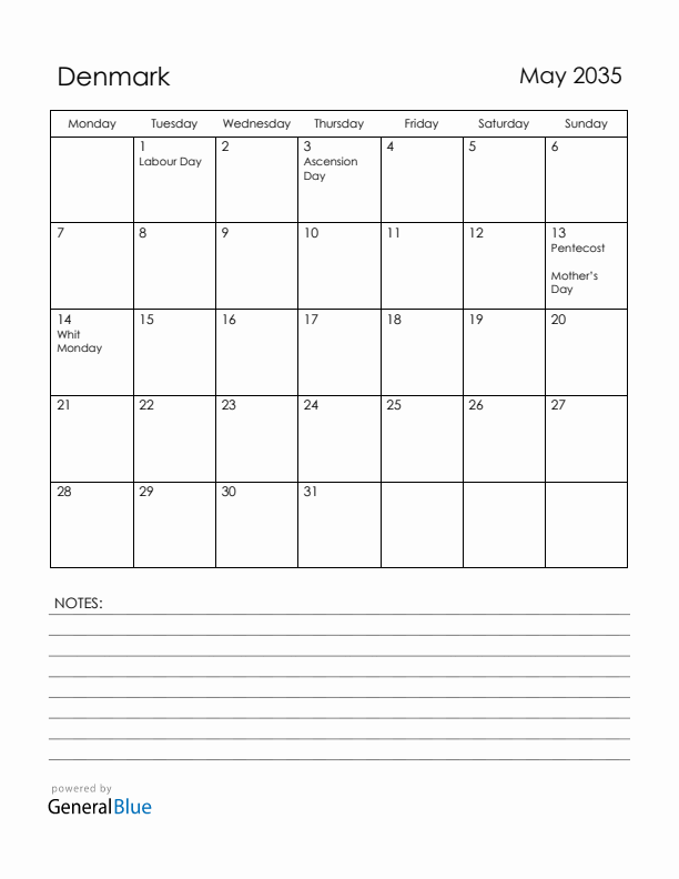 May 2035 Denmark Calendar with Holidays (Monday Start)