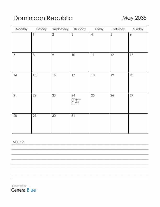 May 2035 Dominican Republic Calendar with Holidays (Monday Start)