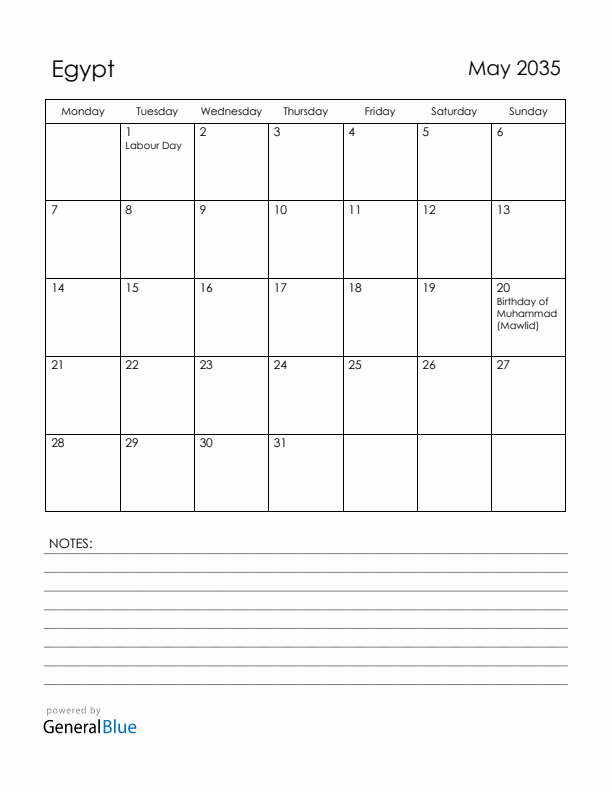 May 2035 Egypt Calendar with Holidays (Monday Start)