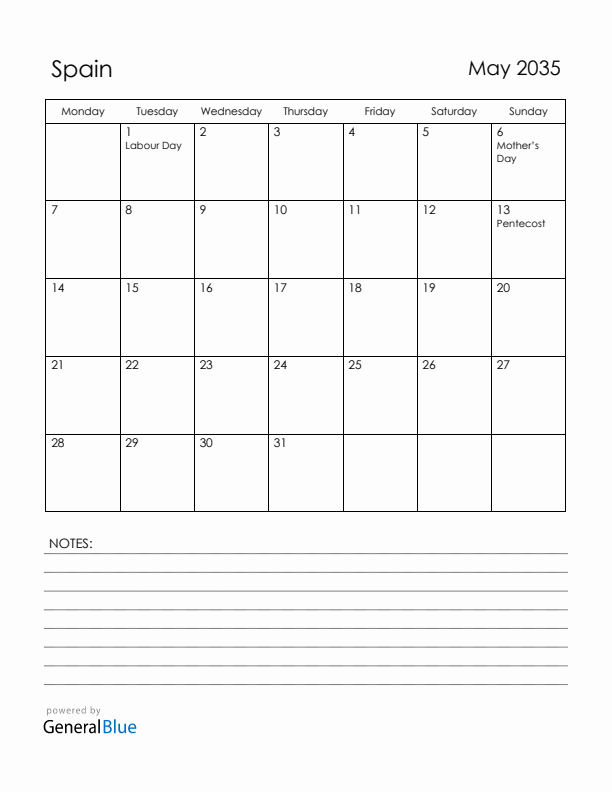 May 2035 Spain Calendar with Holidays (Monday Start)