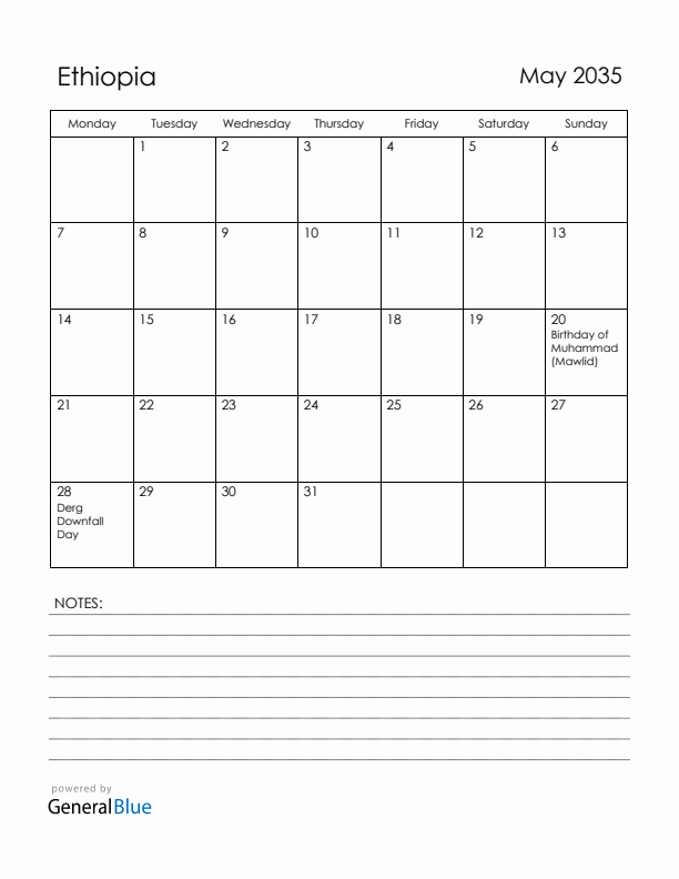 May 2035 Ethiopia Calendar with Holidays (Monday Start)
