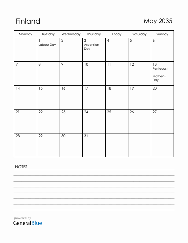 May 2035 Finland Calendar with Holidays (Monday Start)