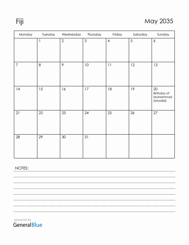 May 2035 Fiji Calendar with Holidays (Monday Start)
