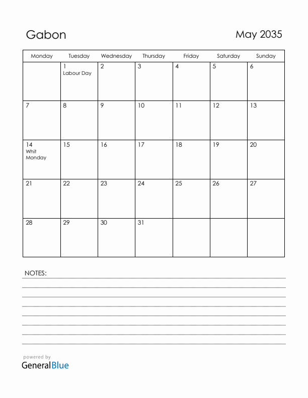 May 2035 Gabon Calendar with Holidays (Monday Start)