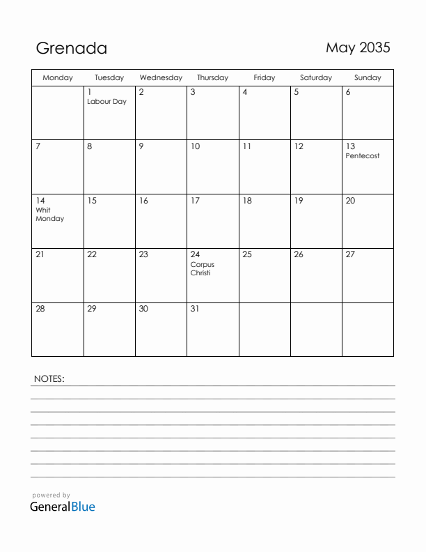 May 2035 Grenada Calendar with Holidays (Monday Start)