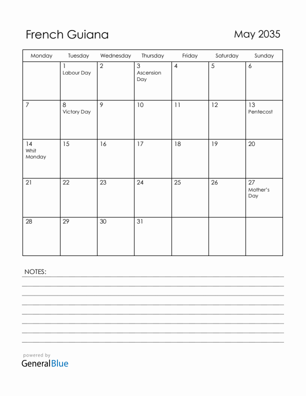 May 2035 French Guiana Calendar with Holidays (Monday Start)