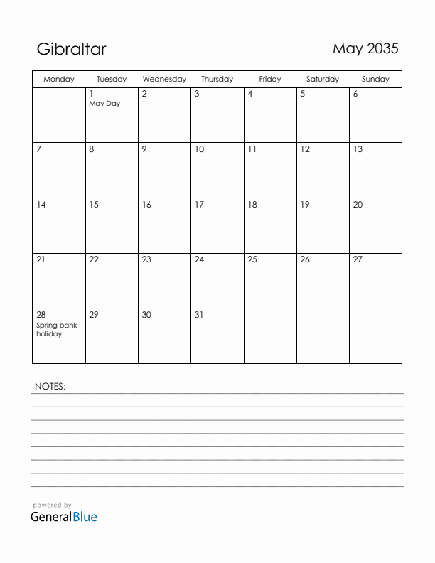 May 2035 Gibraltar Calendar with Holidays (Monday Start)