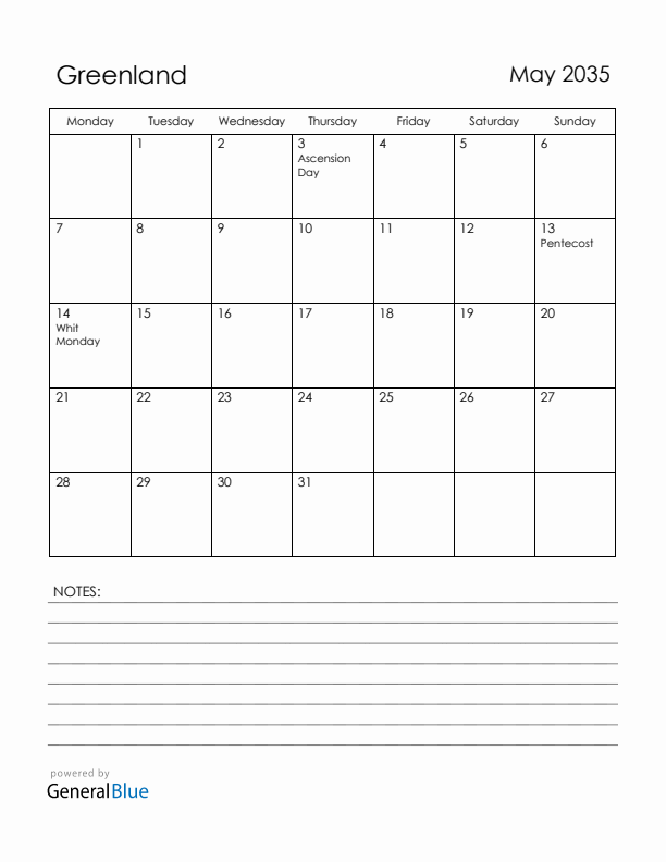 May 2035 Greenland Calendar with Holidays (Monday Start)