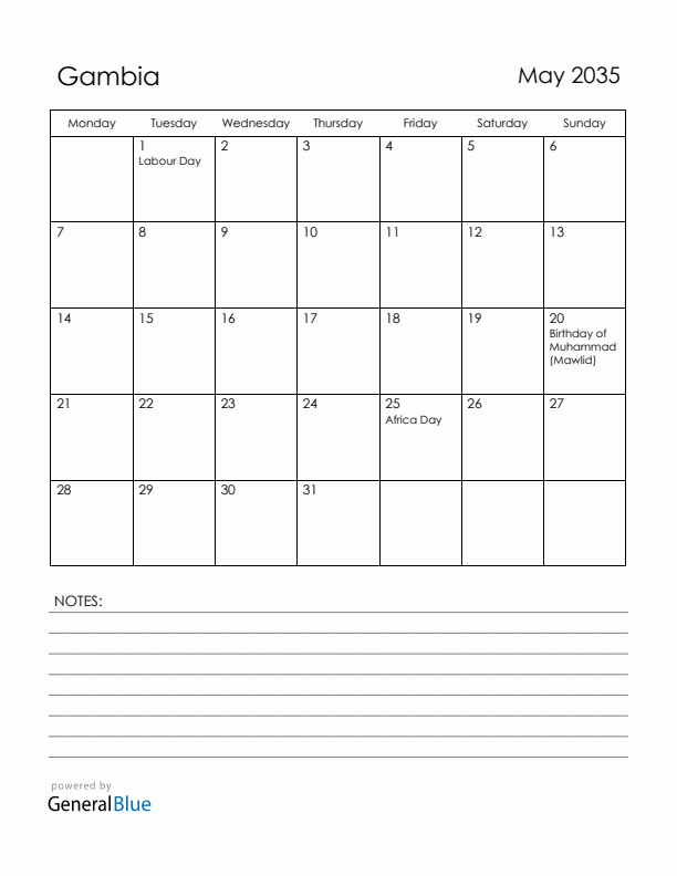 May 2035 Gambia Calendar with Holidays (Monday Start)