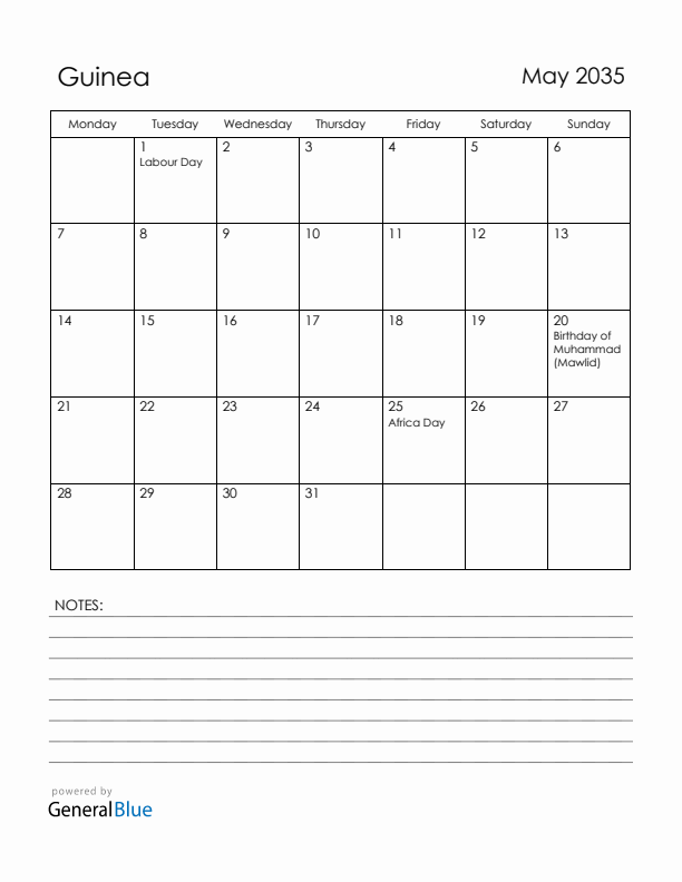 May 2035 Guinea Calendar with Holidays (Monday Start)