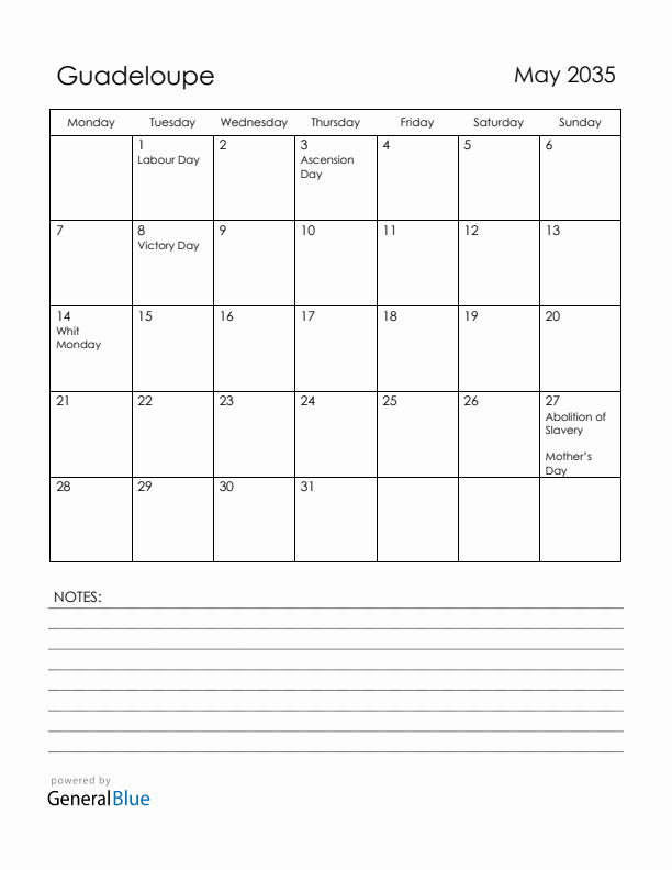 May 2035 Guadeloupe Calendar with Holidays (Monday Start)