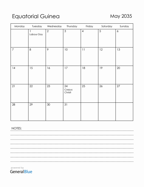 May 2035 Equatorial Guinea Calendar with Holidays (Monday Start)