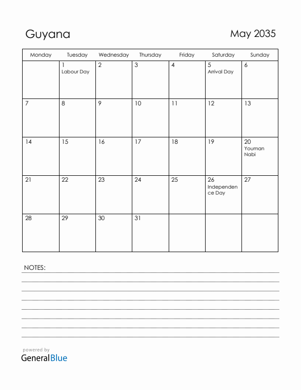 May 2035 Guyana Calendar with Holidays (Monday Start)