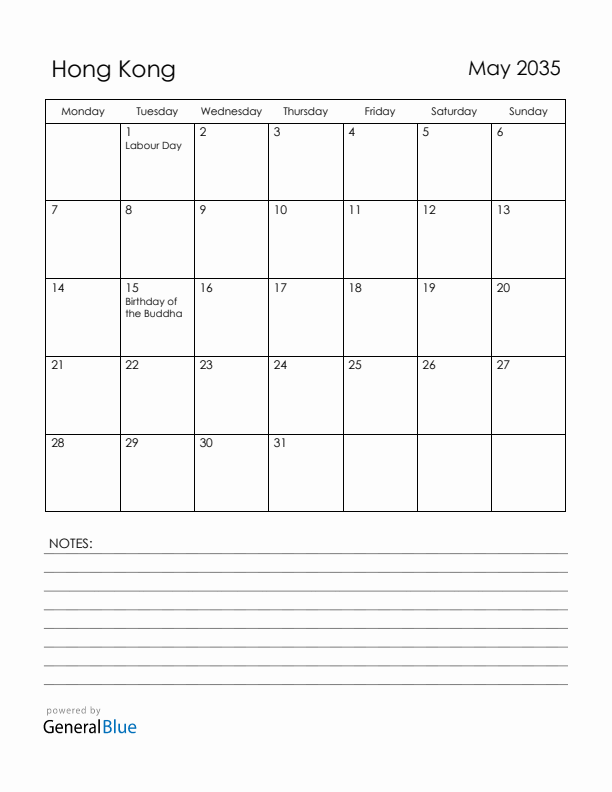 May 2035 Hong Kong Calendar with Holidays (Monday Start)