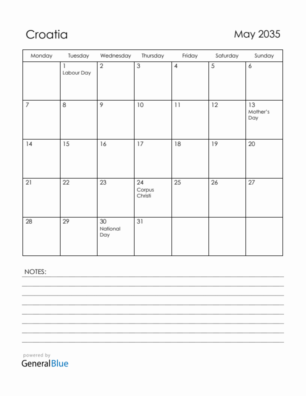 May 2035 Croatia Calendar with Holidays (Monday Start)