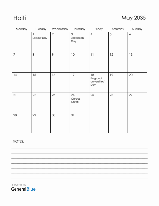 May 2035 Haiti Calendar with Holidays (Monday Start)