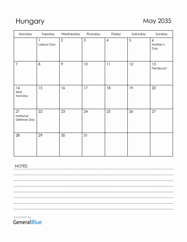 May 2035 Hungary Calendar with Holidays (Monday Start)