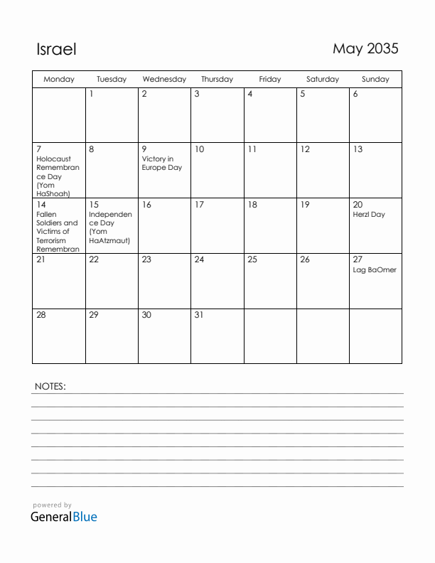 May 2035 Israel Calendar with Holidays (Monday Start)