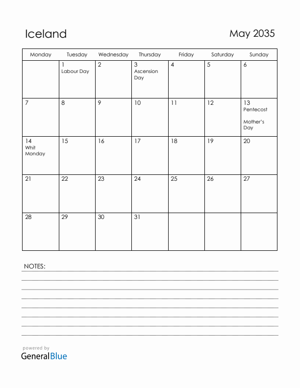 May 2035 Iceland Calendar with Holidays (Monday Start)