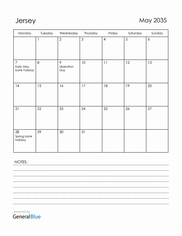 May 2035 Jersey Calendar with Holidays (Monday Start)
