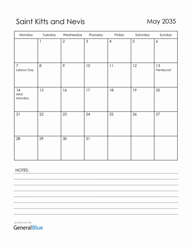 May 2035 Saint Kitts and Nevis Calendar with Holidays (Monday Start)