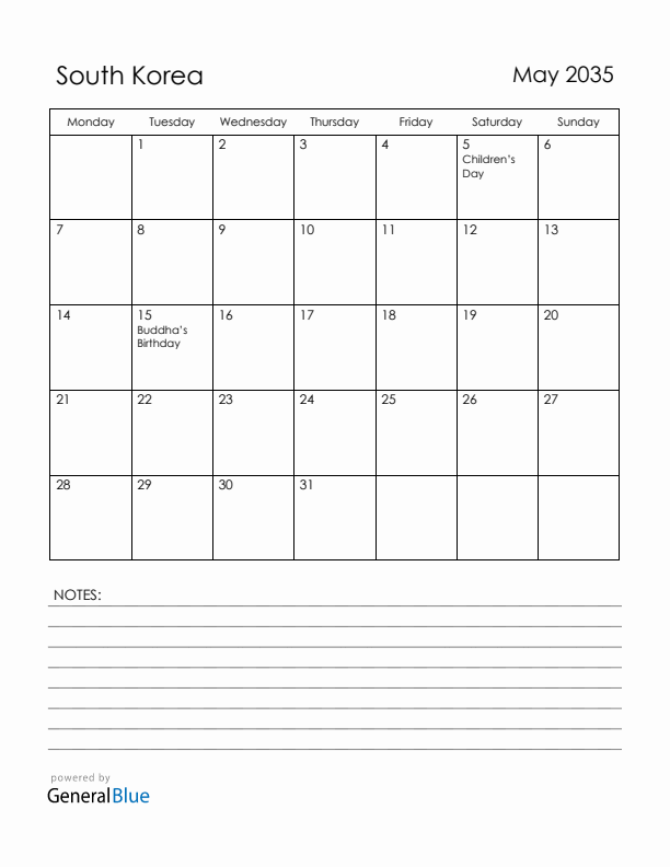 May 2035 South Korea Calendar with Holidays (Monday Start)