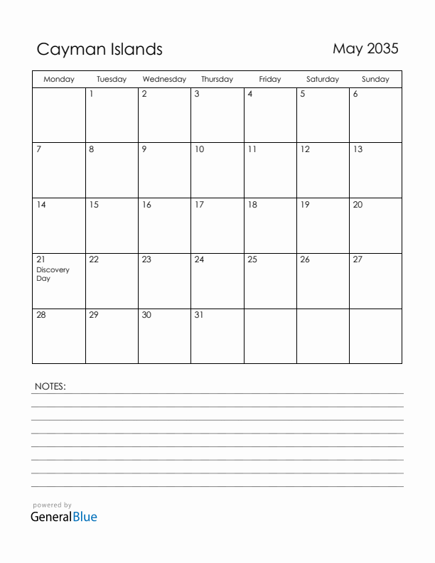 May 2035 Cayman Islands Calendar with Holidays (Monday Start)