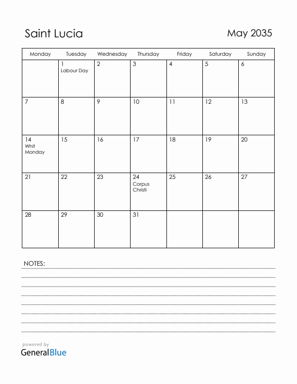 May 2035 Saint Lucia Calendar with Holidays (Monday Start)