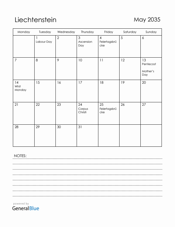 May 2035 Liechtenstein Calendar with Holidays (Monday Start)